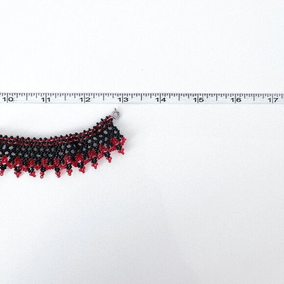 Handmade Women's Ukrainian Glass Beaded Fringe Choker Necklace Red Black - Picture 3 of 3